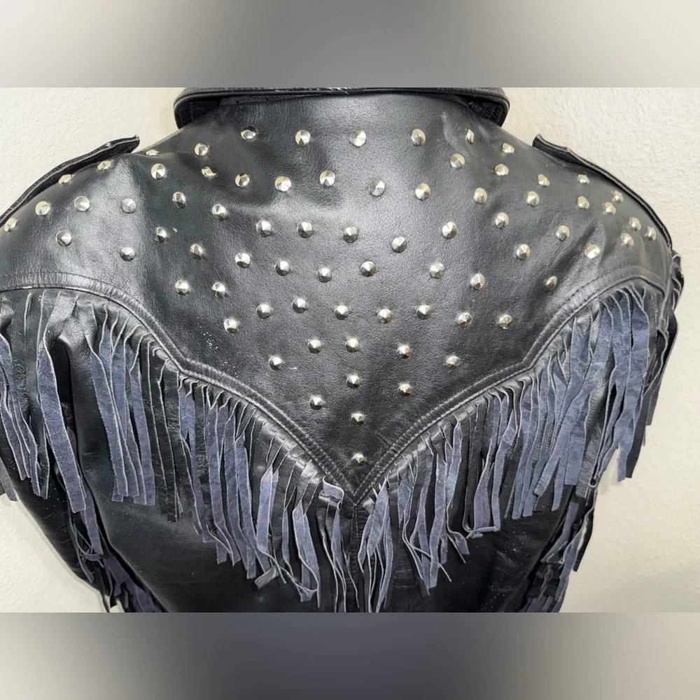 Vintage AMI London Fringe‎ Leather Jacket Studded Western Cowgirl Biker Rocker-L